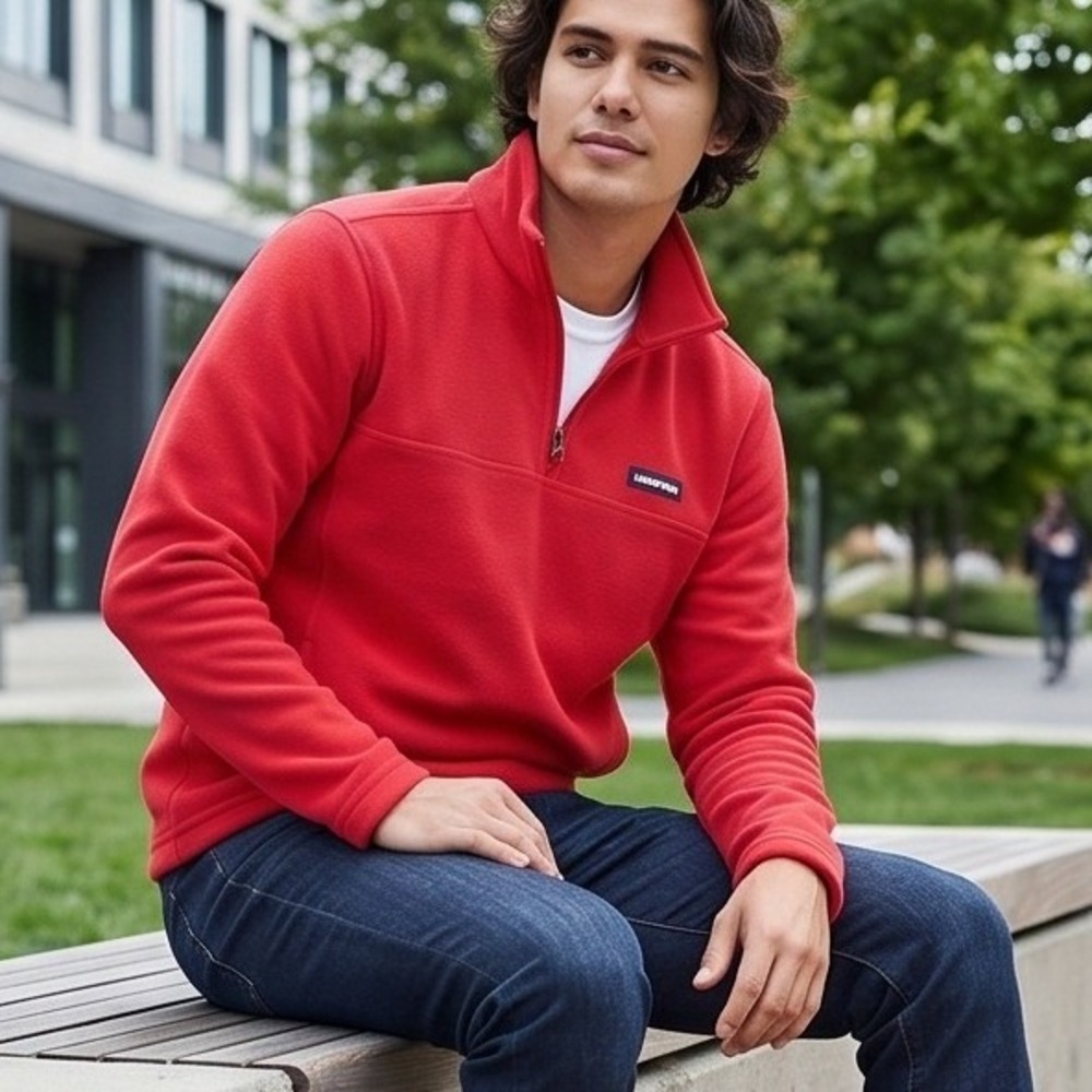 Lands End M Unisex Red Fleece Quarter Zip Pullover‎ Sweater Cozy Gorpcore